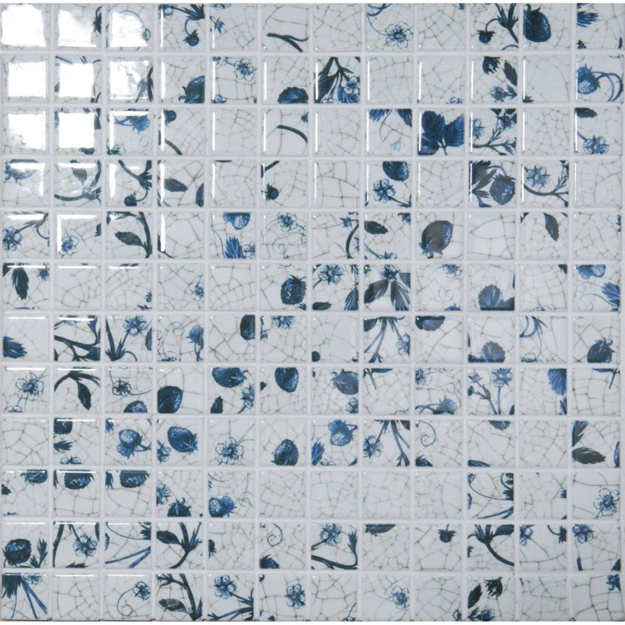 Blue and white cracked ceramic mosaic tile with floral and fruit patterns from ming porcelain mosaic collection