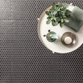 Mini black hexagon slip resistant tile featuring black hexagonal mosaic pieces with a subtle metallic sheen