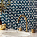 Mini Blue Gloss Hexagon navy blue hexagon mosaic with a brass arched tap