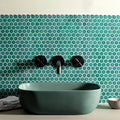 Teal gloss hexagonal mosaic tile backsplash featuring mini green gloss hexagon design for wall decoration