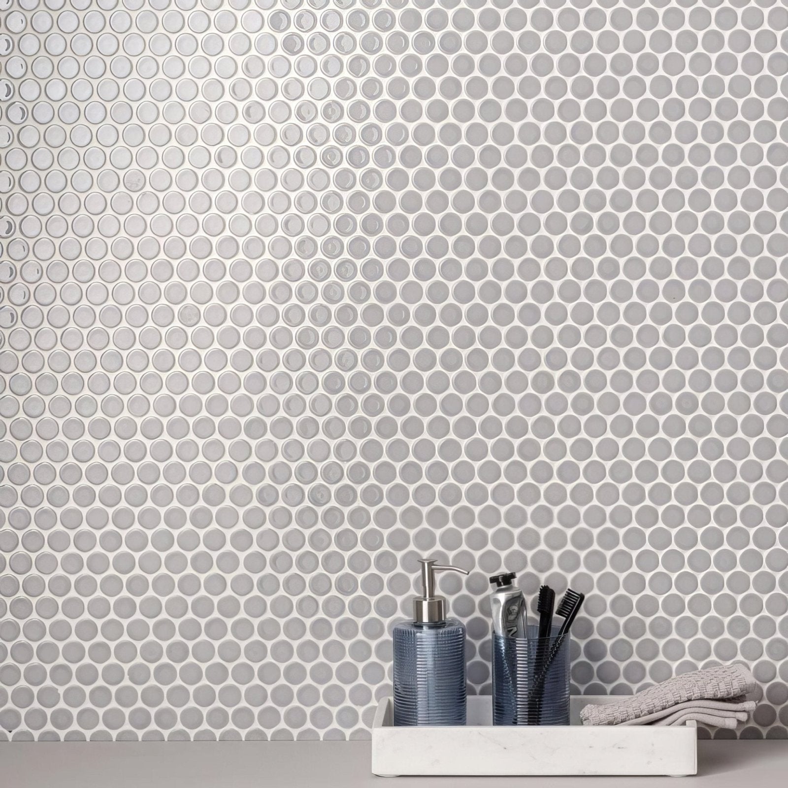 Mini grey penny round gray circular mosaic tile wall featuring small round gray ceramic tiles for interior decor