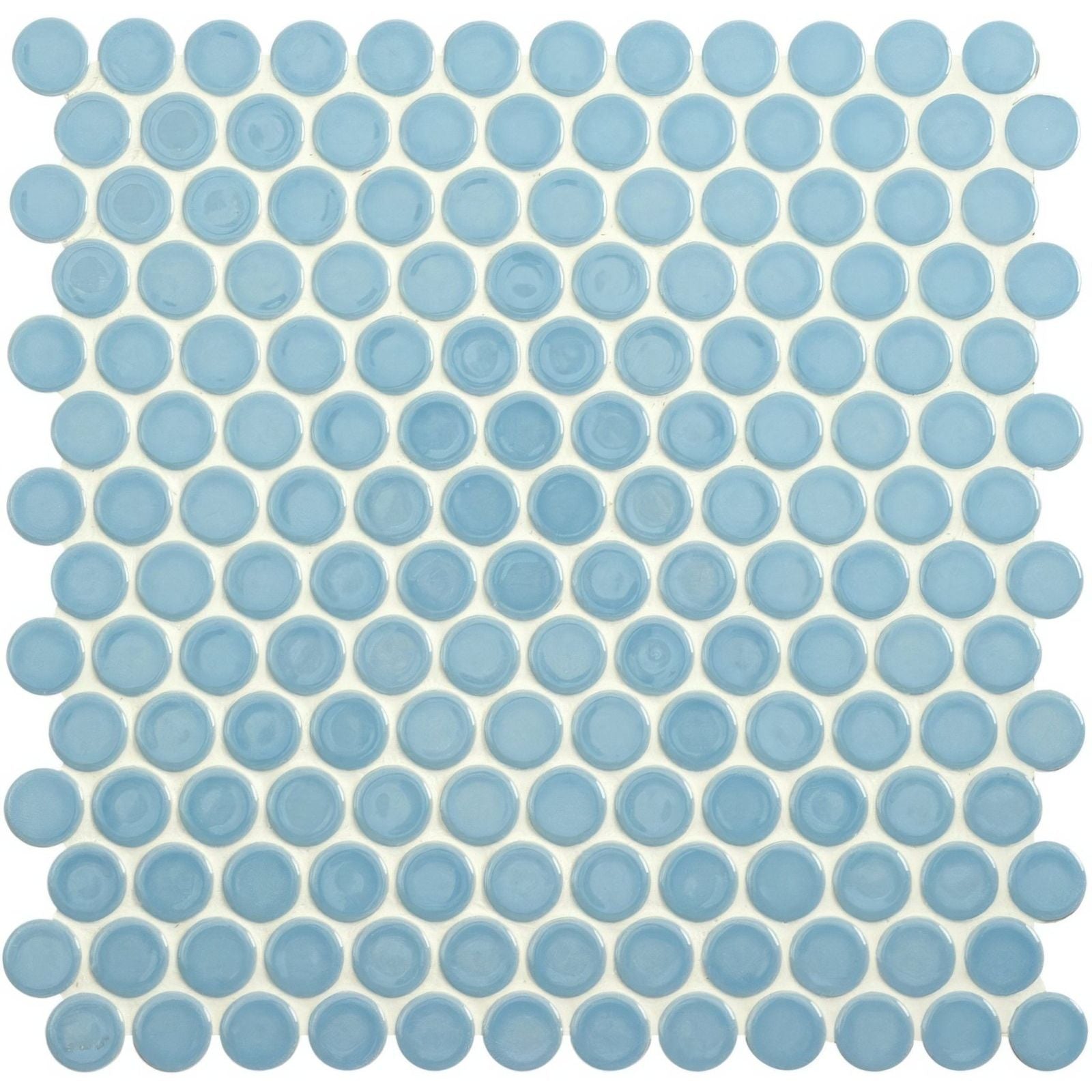 Mini light blue penny round tile with light blue circular mosaic and glossy glass-like finish
