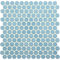 Mini light blue penny round tile with light blue circular mosaic and glossy glass-like finish
