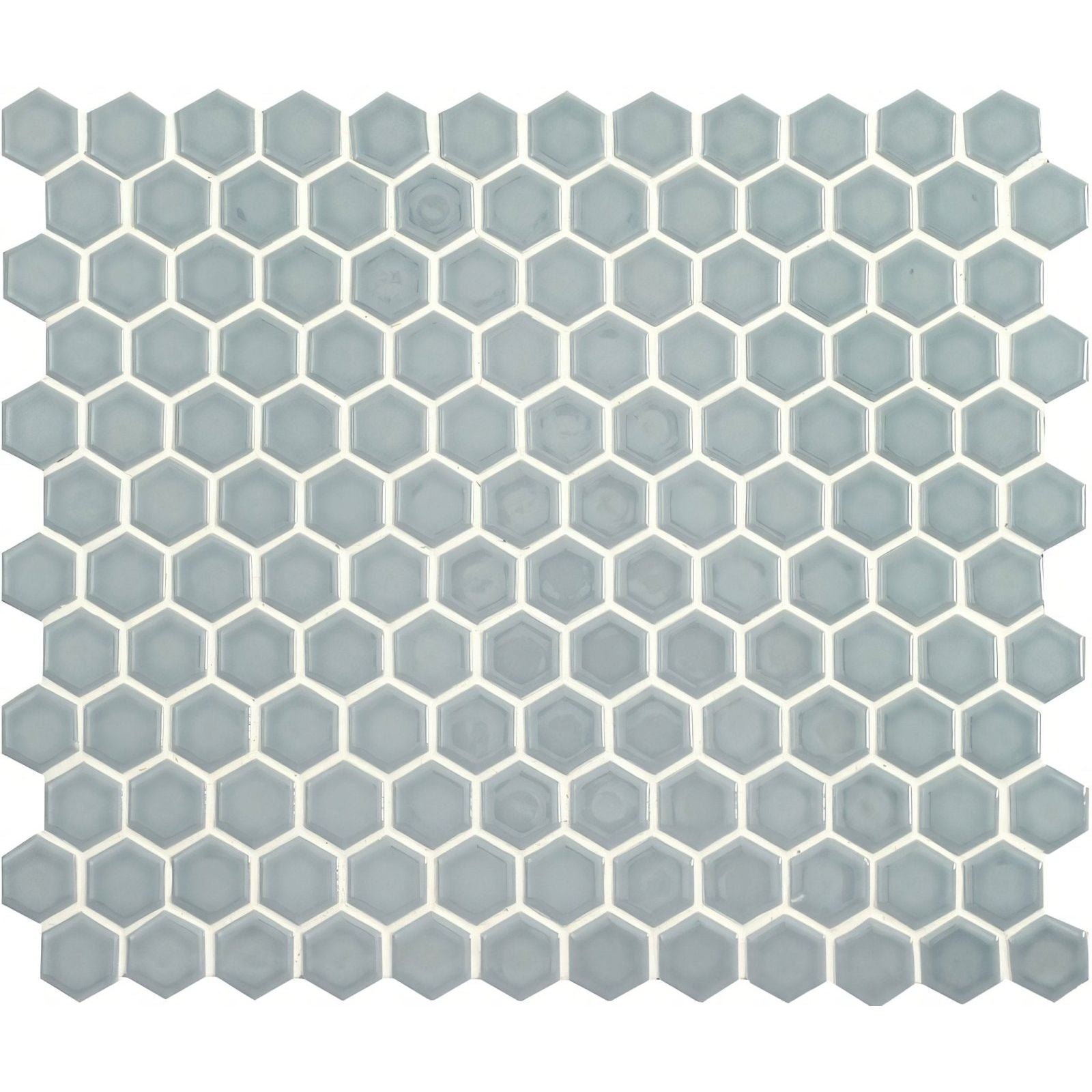 Mini light grey gloss hexagon tile with subtle glossy finish and white grout lines in a light gray hexagonal mosaic pattern