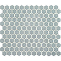 Mini light grey gloss hexagon tile with subtle glossy finish and white grout lines in a light gray hexagonal mosaic pattern