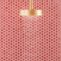 Mini Pink Gloss Hexagon pink hexagon mosaic with a gold showerhead