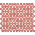 Mini pink gloss hexagon tile featuring pink hexagonal mosaic design with cream-colored grout for wall or floor use