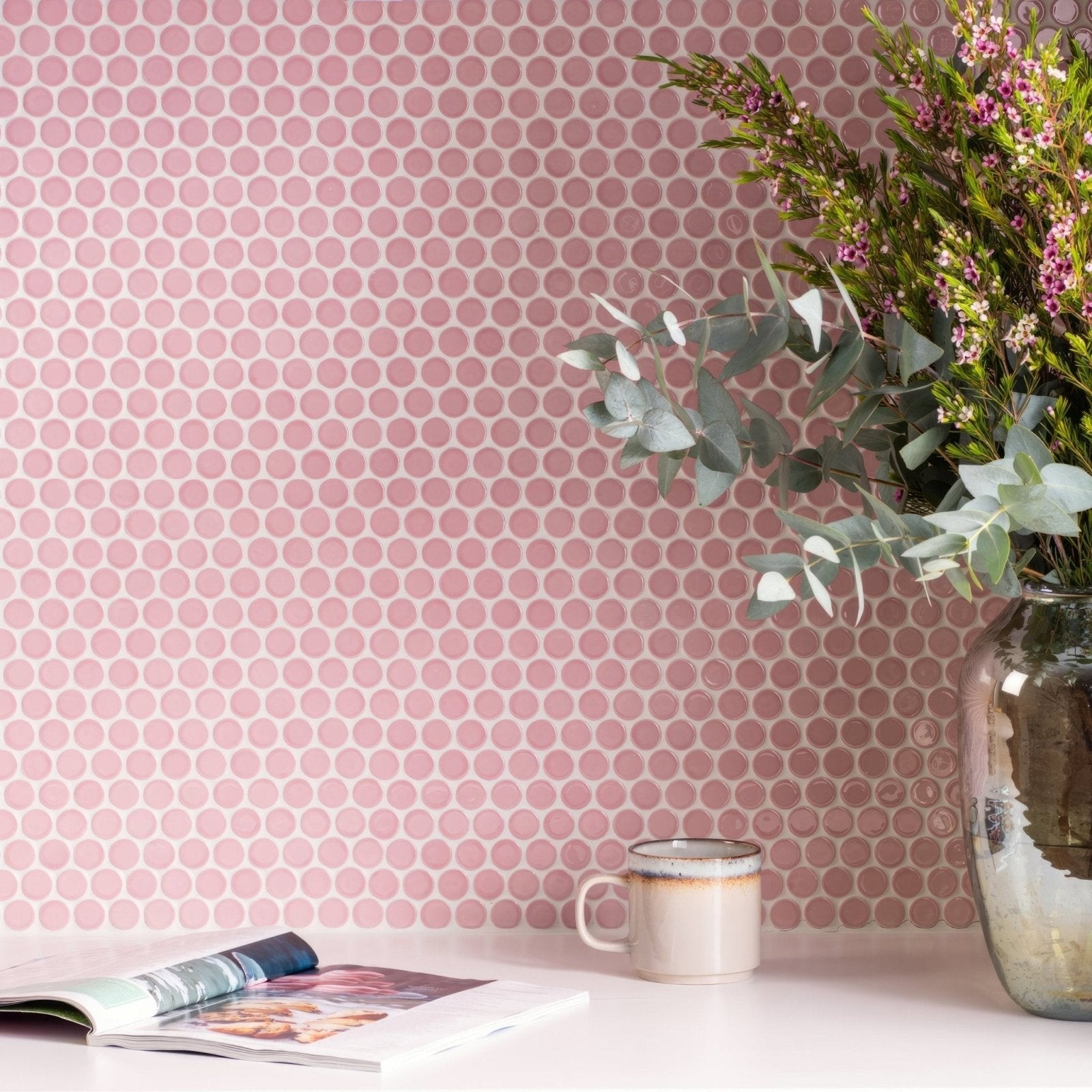 Mini Pink Penny Round pink penny round mosaic with a beige ceramic mug