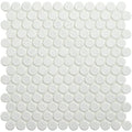 Mini white penny round tile featuring glossy white circular mosaic design ideal for backsplash or wall decor