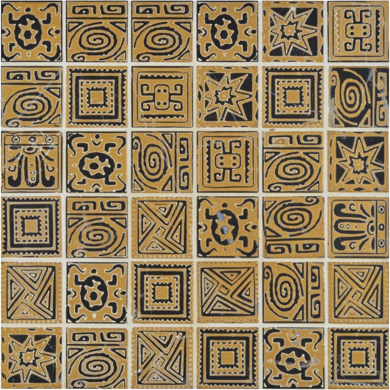 A collection of square minoan mosaic tiles with intricate black and tan geometric patterns for decorative use