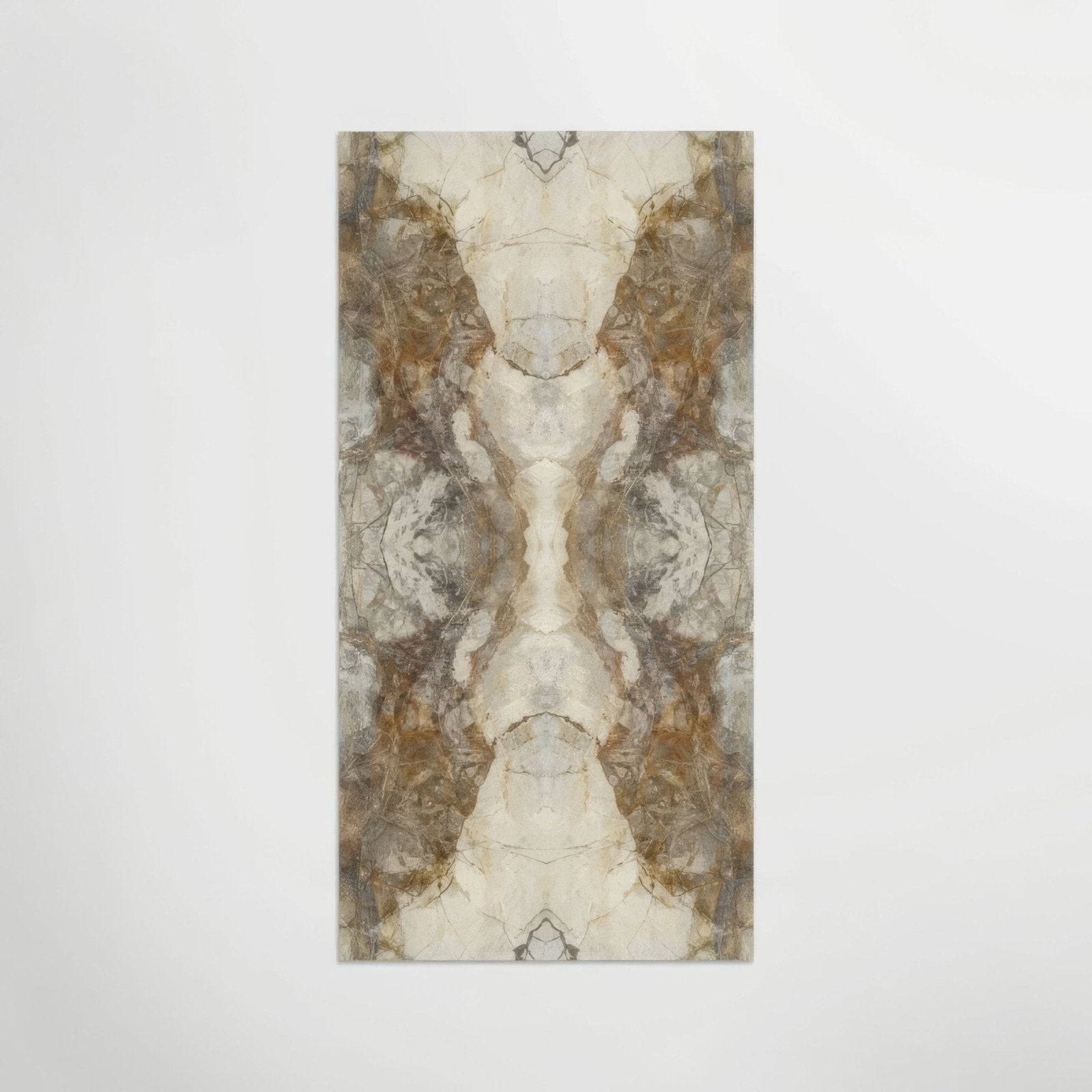 Mirrored Marble Gold Porcelain Bookmatched marble-effect porcelain panel with a symmetrical cream, brown and grey pattern