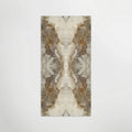 Mirrored Marble Gold Porcelain Bookmatched marble-effect porcelain panel with a symmetrical cream, brown and grey pattern