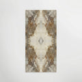 A rectangular porcelain panel with symmetrical bookmatched marble pattern in creamy white and earthy brown tones