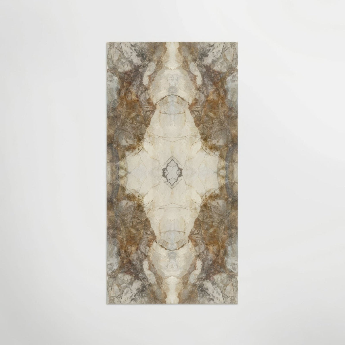 A rectangular porcelain panel with symmetrical bookmatched marble pattern in creamy white and earthy brown tones