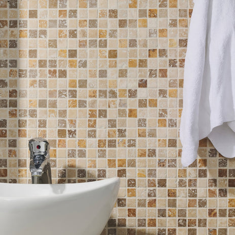 Beige and gold mixed travertine venetian stone mosaic tile wall with chrome faucet for elegant bathroom decor