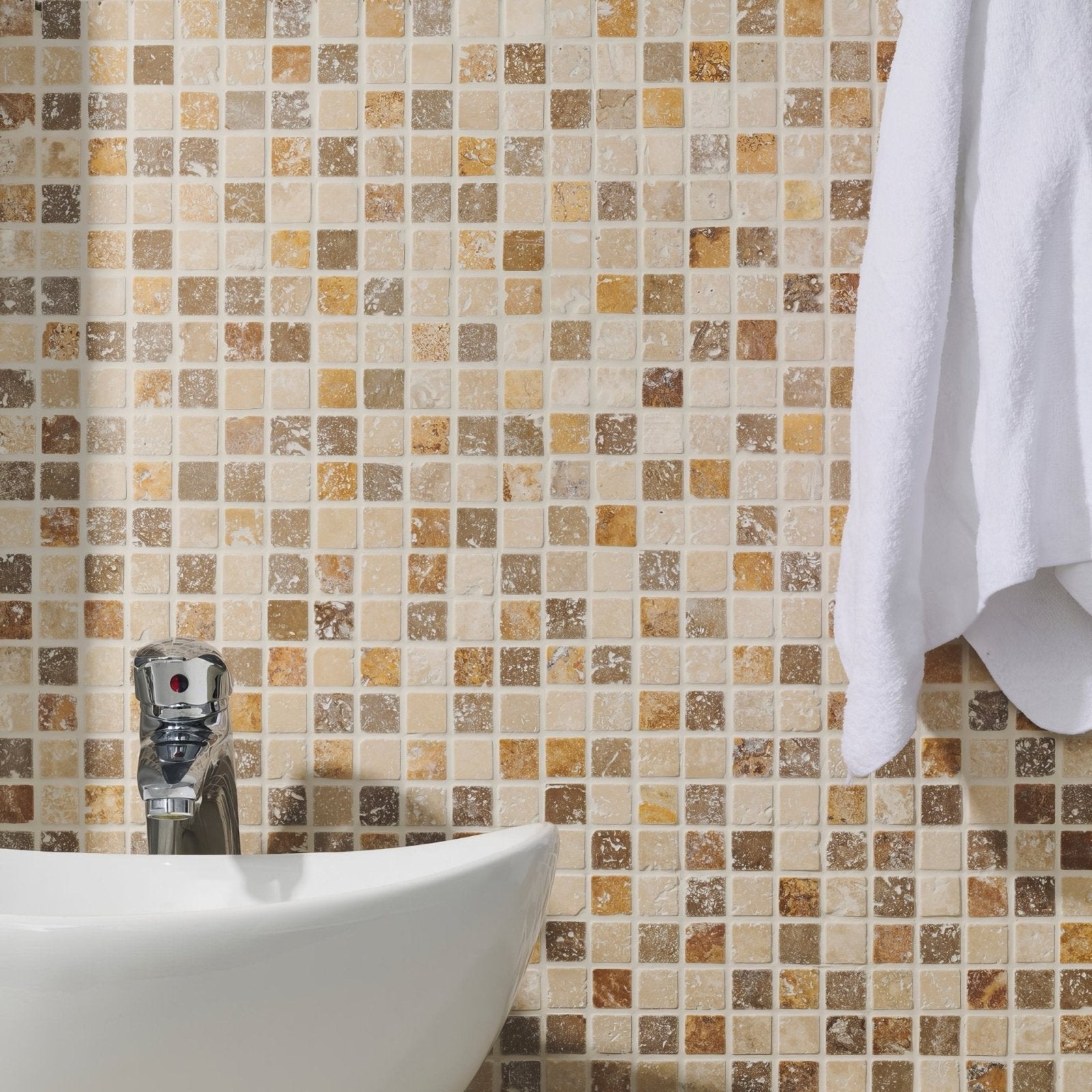Beige and gold mixed travertine venetian stone mosaic tile wall with chrome faucet for elegant bathroom decor