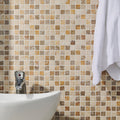 Beige and gold mixed travertine venetian stone mosaic tile wall with chrome faucet for elegant bathroom decor