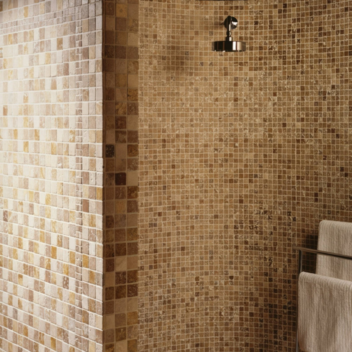 The mixed travertine 4.8 venetian stone mosaic shower wall features small beige and brown square tiles