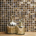 Modesty Shell Mosaic brown and silver iridescent mosaic with two mercury glass decanters