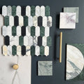 Monet Lorica green and white marble tiles with scalloped edge design for elegant flooring and wall decor