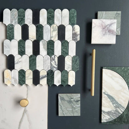 Monet Lorica green and white marble tiles with scalloped edge design for elegant flooring and wall decor
