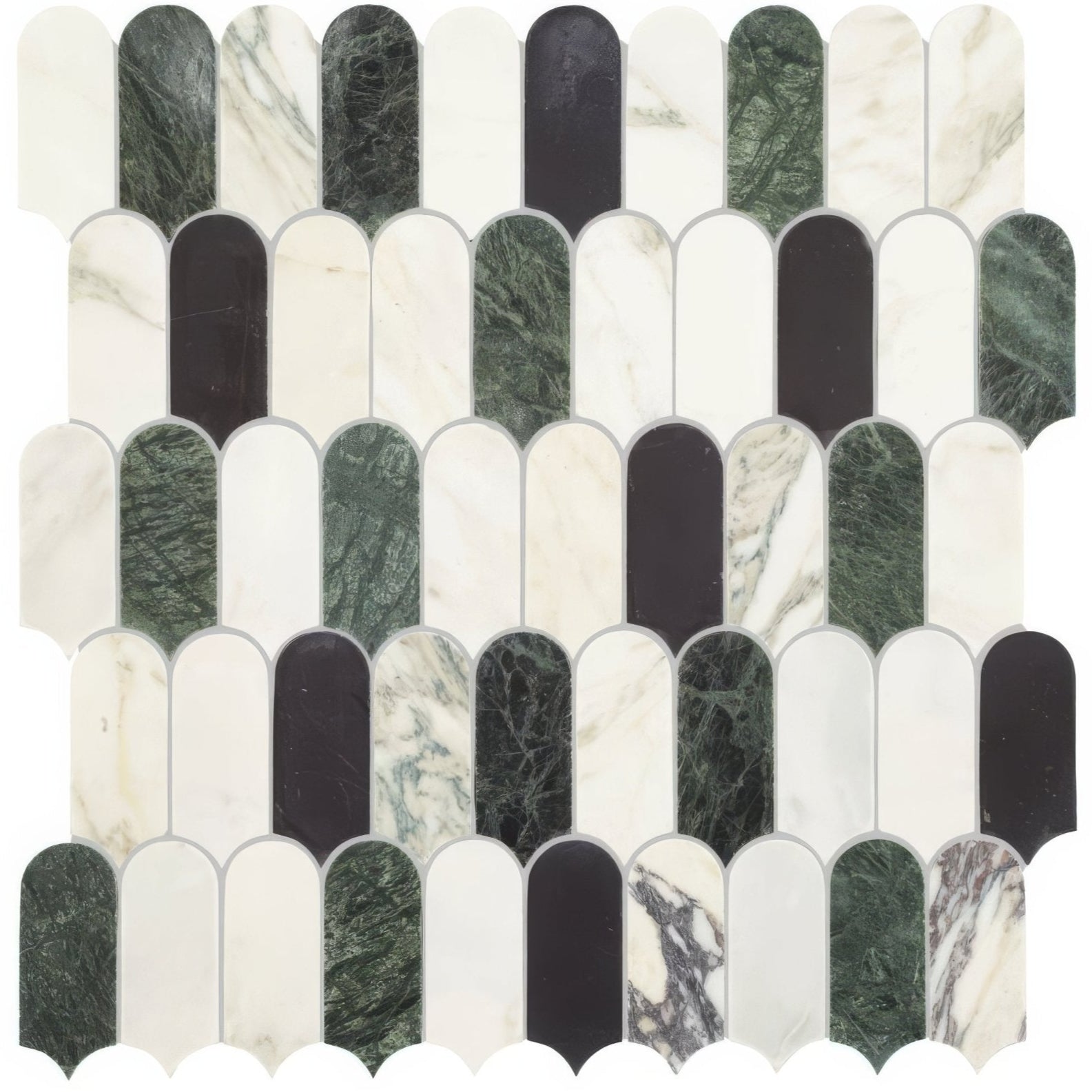 A sleek Monet Lorica mosaic tile panel with alternating deep green black and white marble strips and scalloped edges