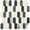 A sleek Monet Lorica mosaic tile panel with alternating deep green black and white marble strips and scalloped edges