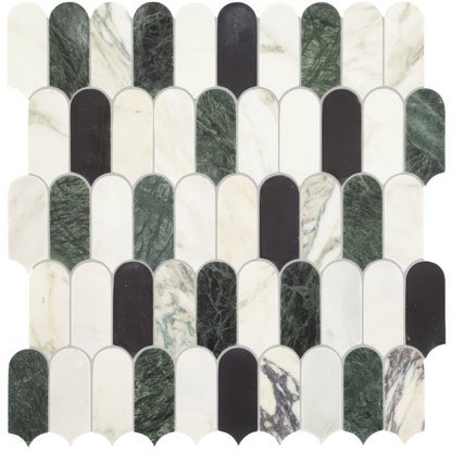 A sleek Monet Lorica mosaic tile panel with alternating deep green black and white marble strips and scalloped edges