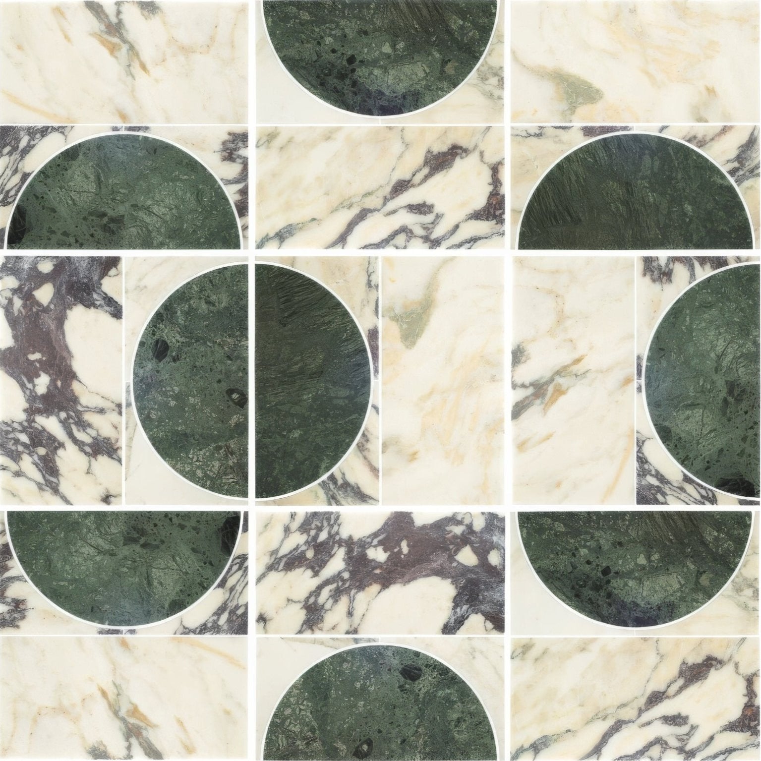 A collection of circular monet luna calacatta marble samples with intricate green and white veining patterns