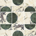 A collection of circular monet luna calacatta marble samples with intricate green and white veining patterns