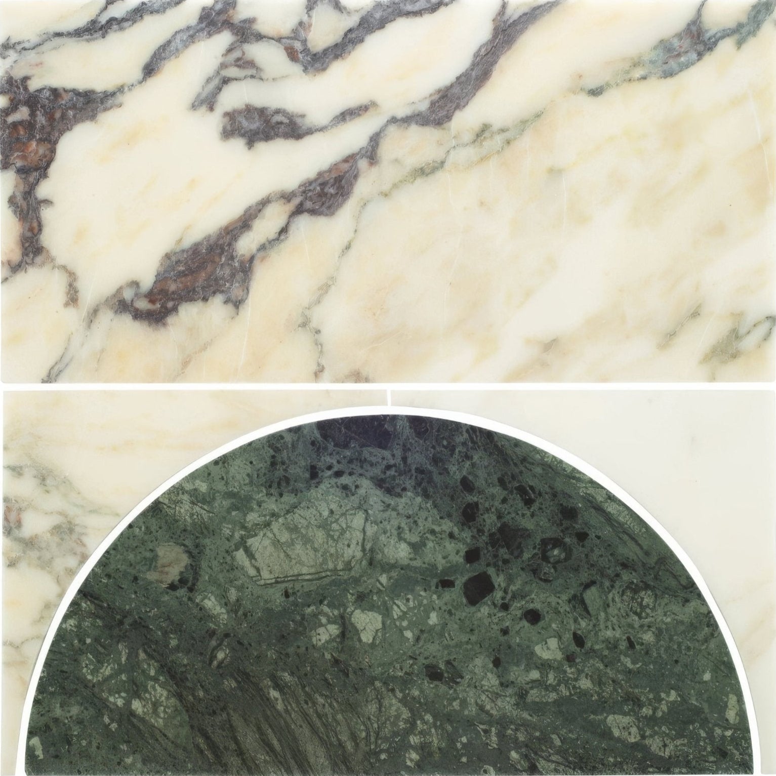 Monet Luna Calacatta creamy white marble with dark gray and brown veining and a circular deep green stone slab with black speckles