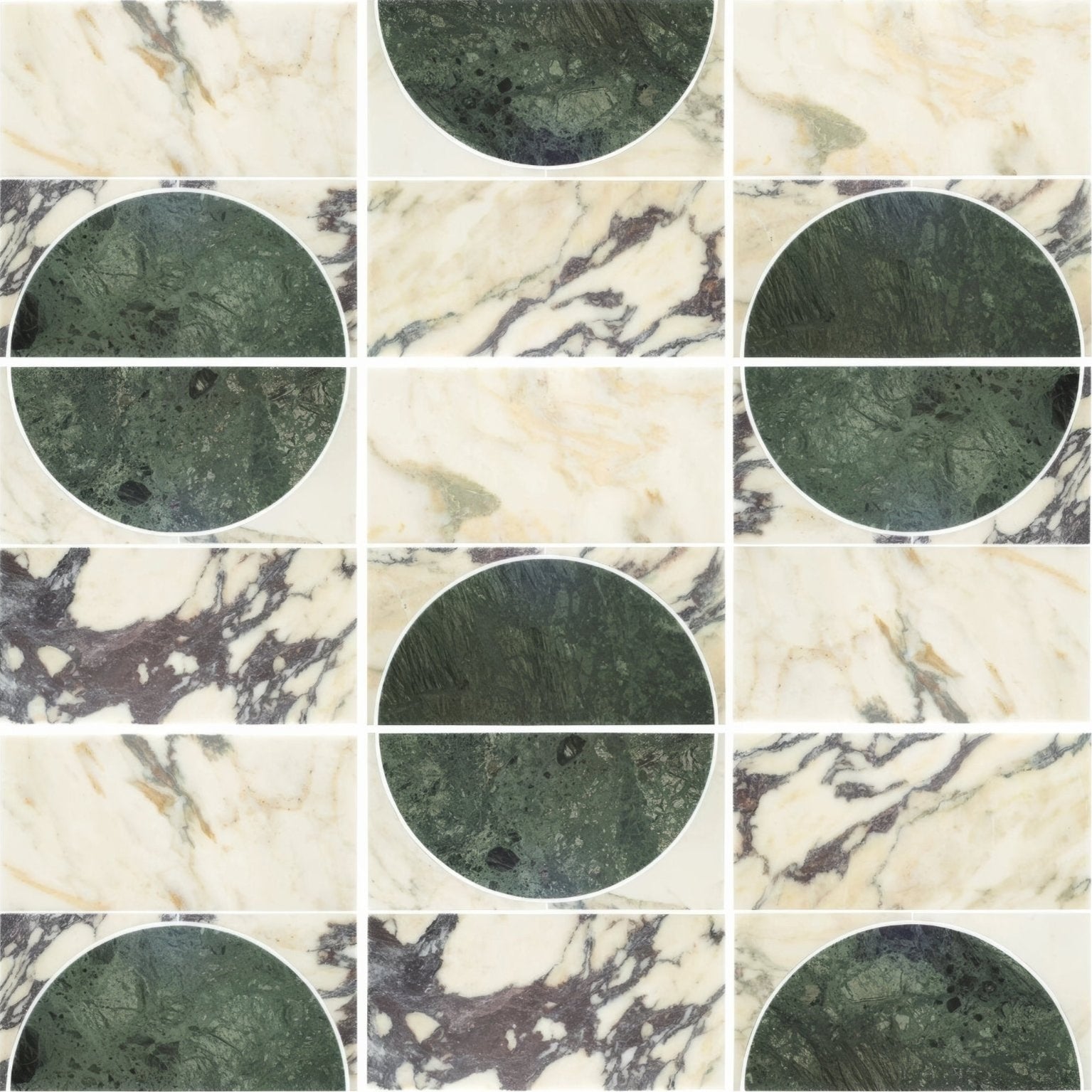 Circular green marble samples with dark veining displayed on white and beige marbled background monet luna calacatta