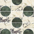 Circular green marble samples with dark veining displayed on white and beige marbled background monet luna calacatta