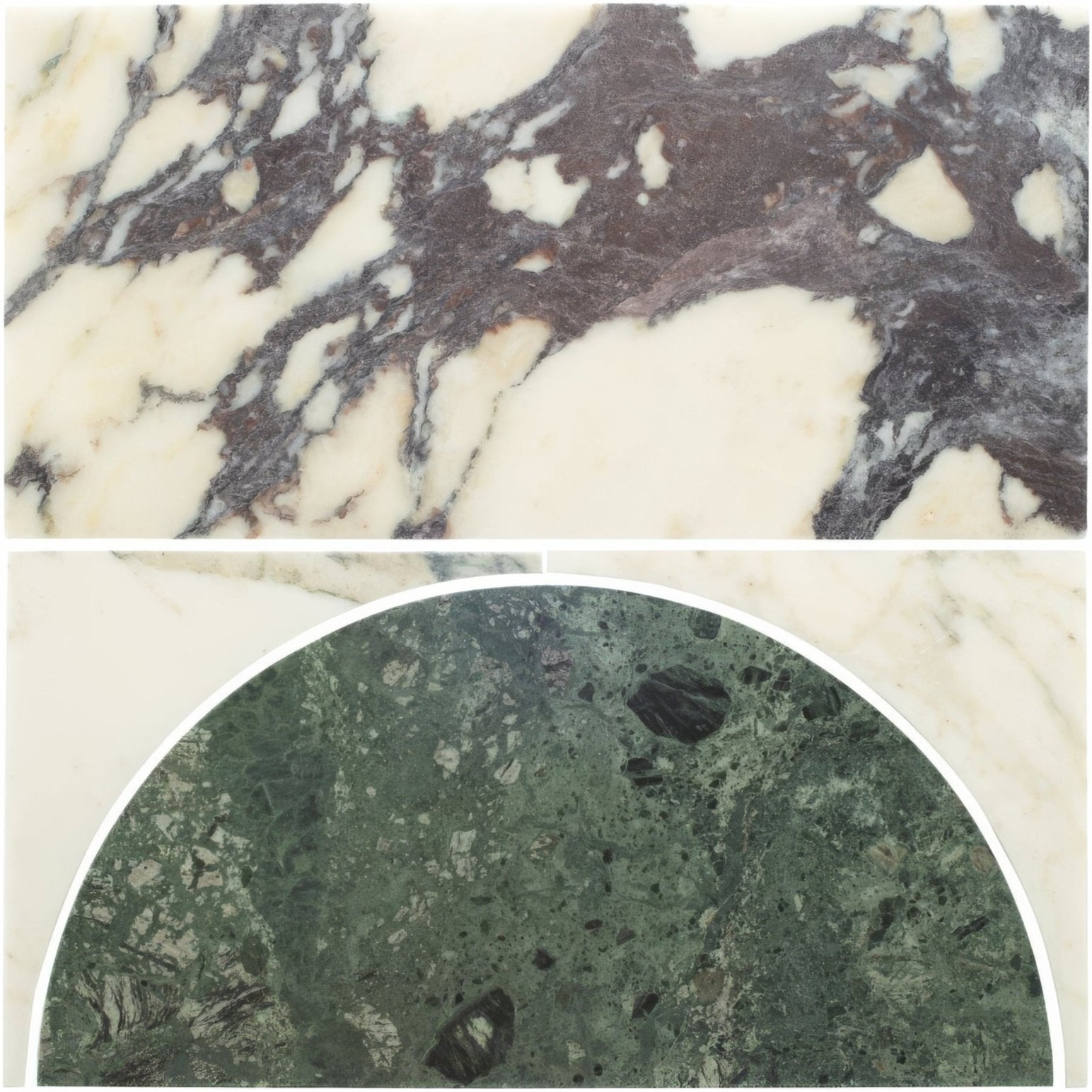 Monet Luna Calacatta polished stone slabs featuring creamy white marble with gray veining and deep green speckled stone