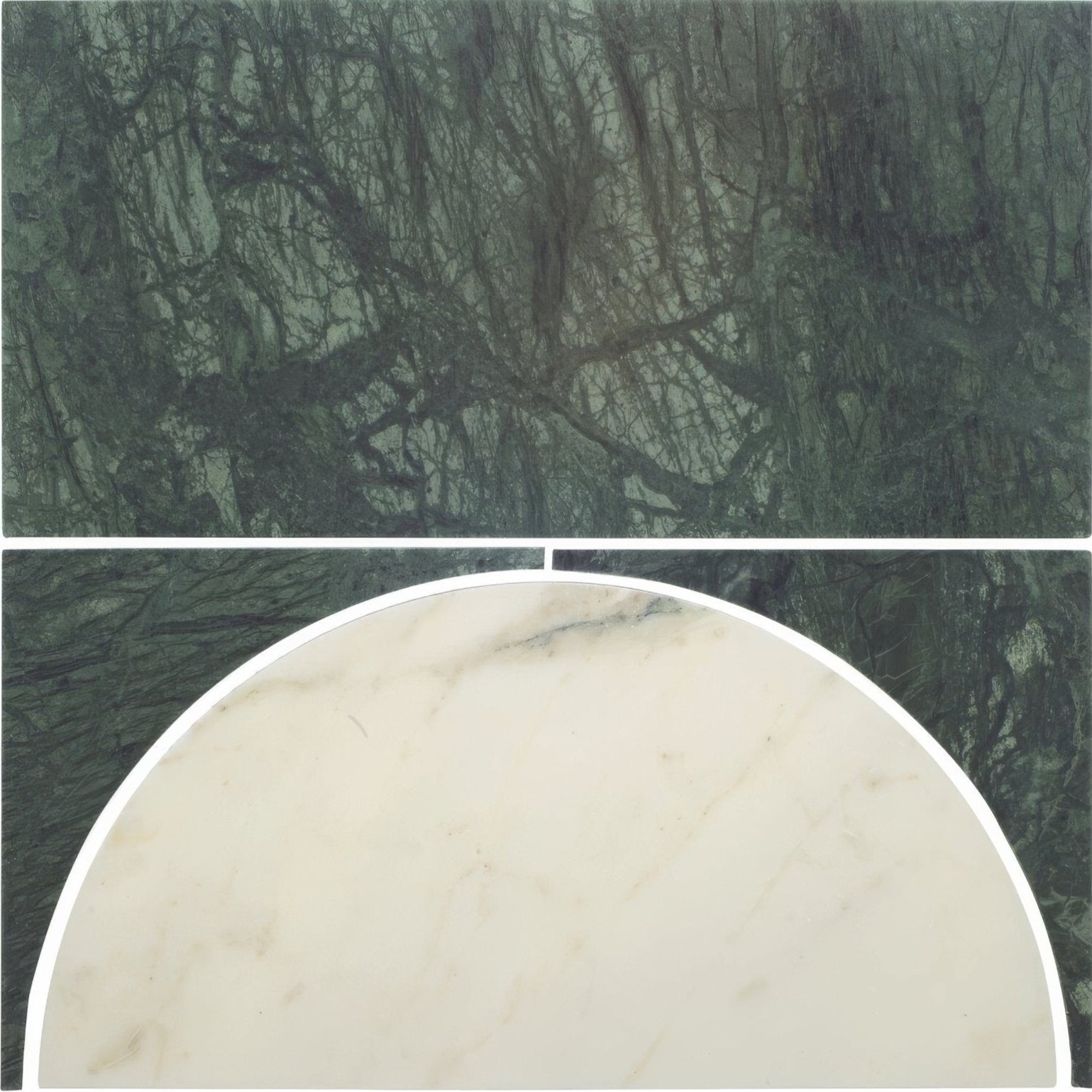 Monet Luna Verde circular white marble slab with subtle gray veining for elegant surface applications