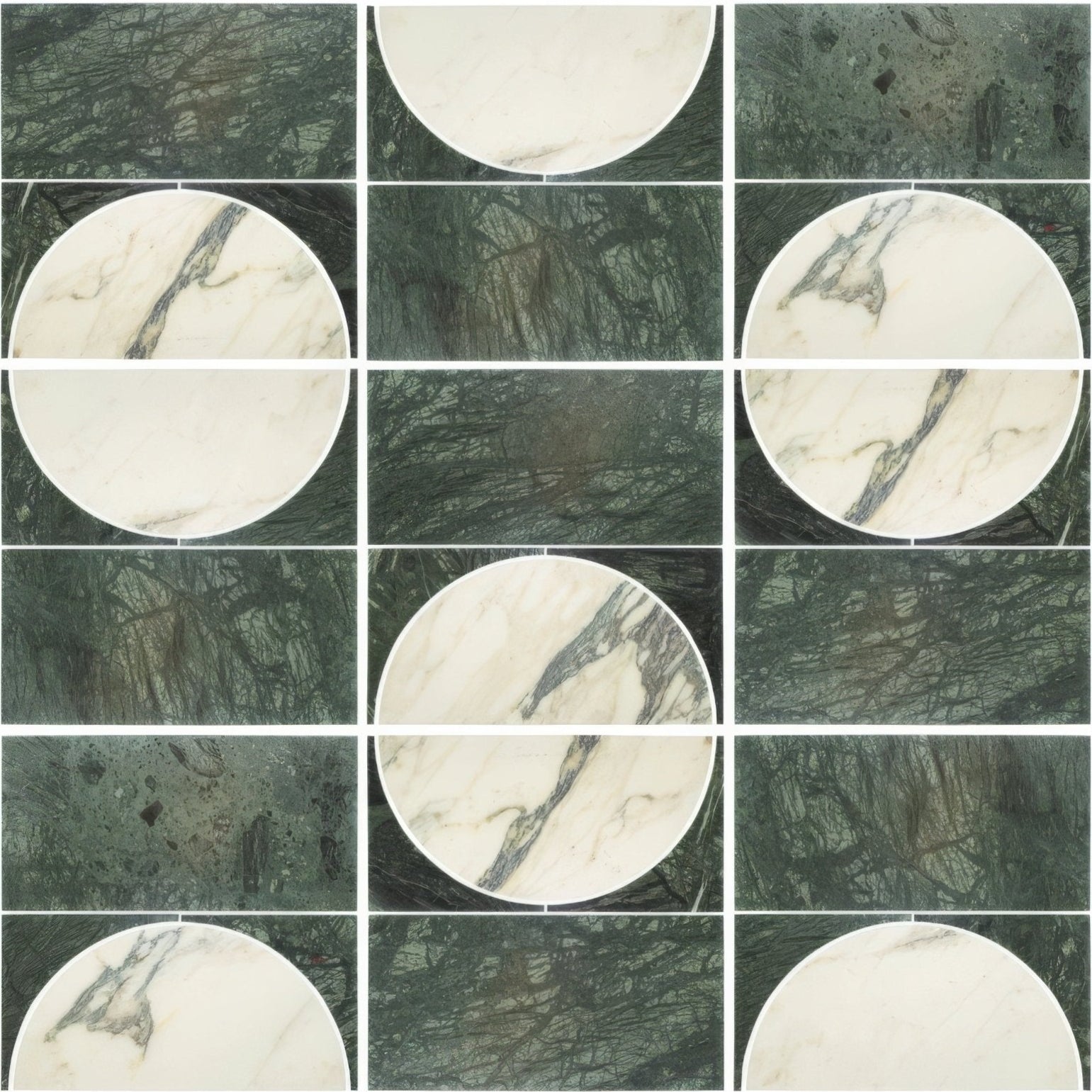Monet luna verde circular marble tile with white base and dark green veining for elegant interior design