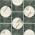 Monet luna verde circular marble tile with white base and dark green veining for elegant interior design