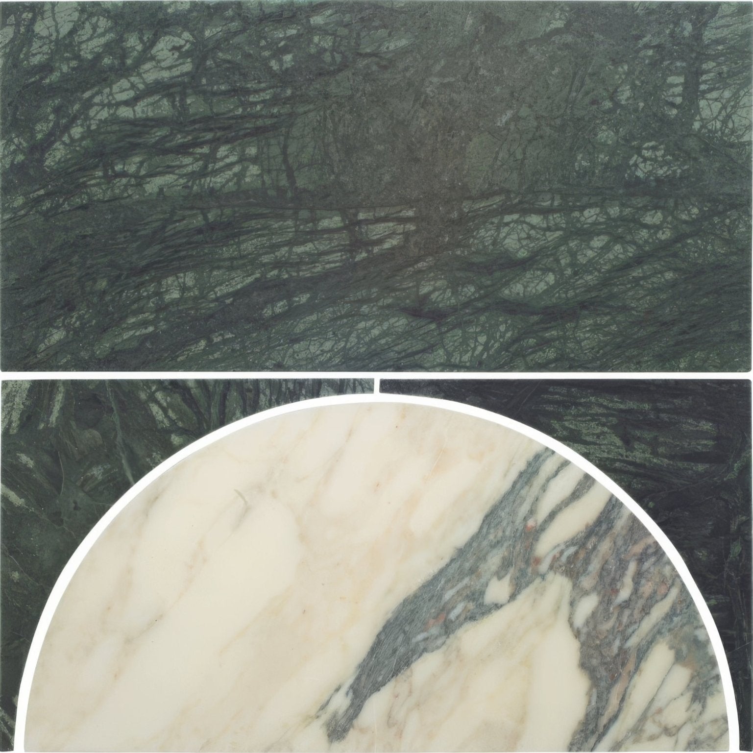 Monet Luna Verde dark green marble slab with black veining and circular creamy white marble inset with gray and pink veins