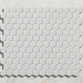Mono Hex porcelain mosaic blanc with white hexagonal tiles featuring a subtle matte finish and raised edges