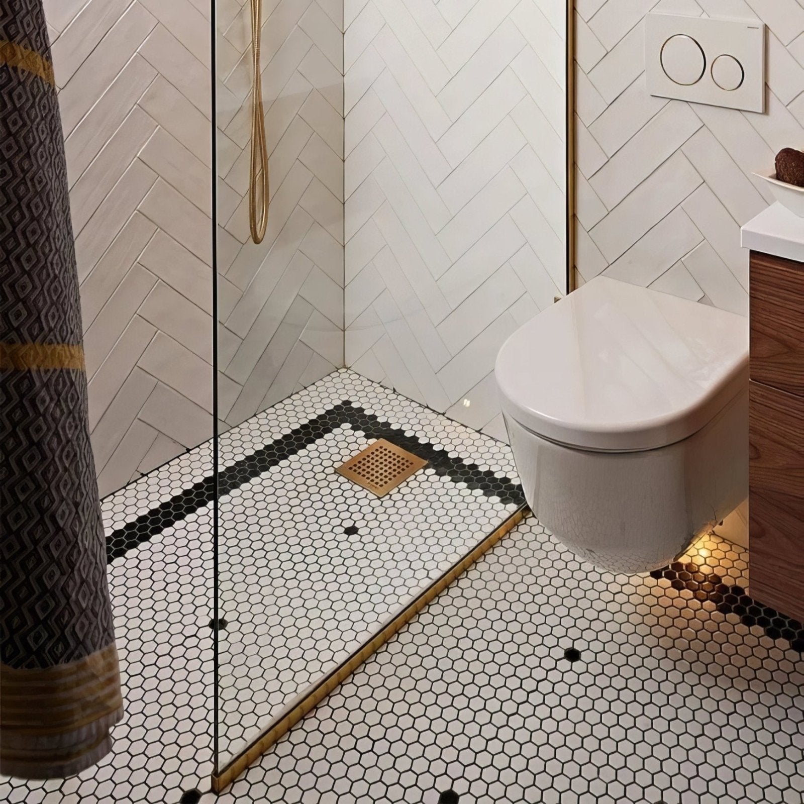 Mono Hex Porcelain Mosaic Blanc white hexagonal porcelain mosaic with a wall-mounted toilet