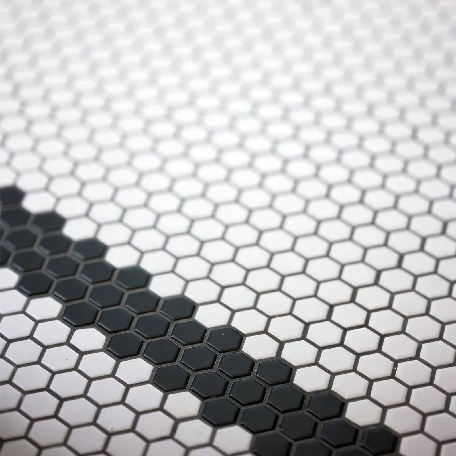 Black and white hexagonal porcelain mosaic tile pattern with a monochrome design for modern interiors