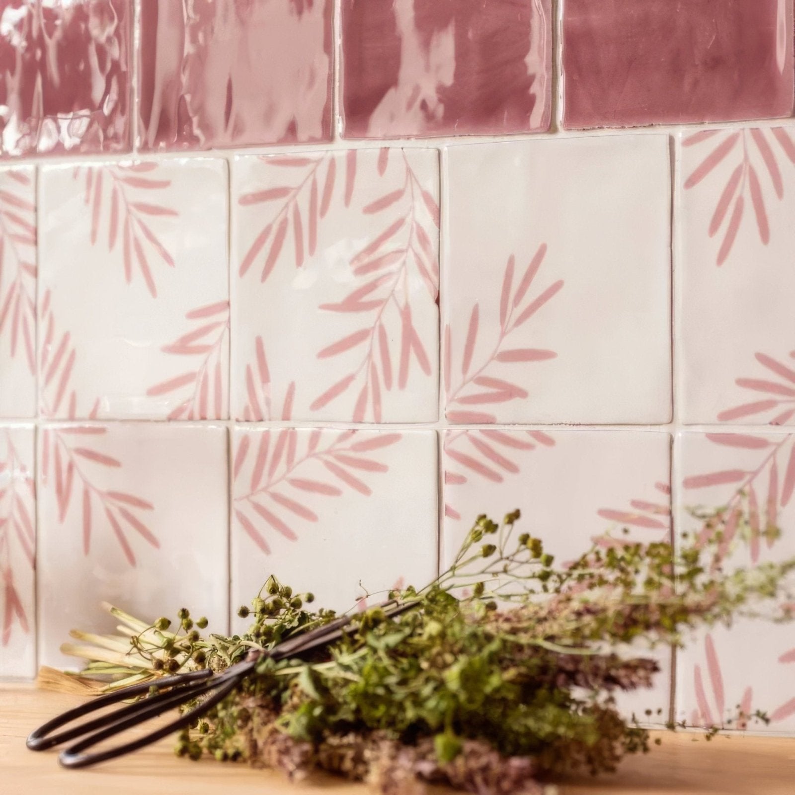 Montagne tayberry 2 ceramic tiles in pink and white with leaf patterns for decorative wall use