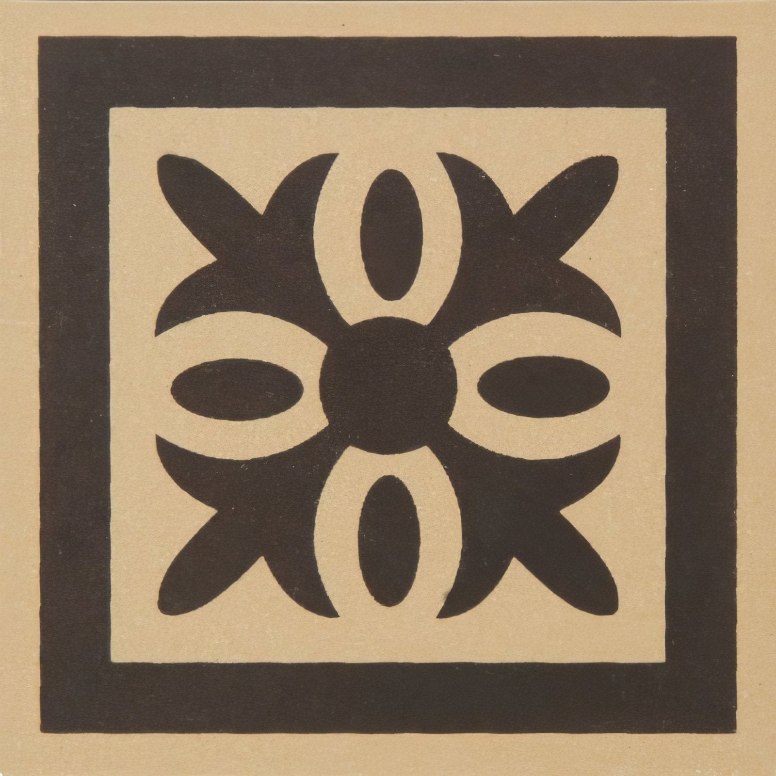 Black and beige geometric tile with symmetrical floral pattern montague brown on buff for decorative flooring
