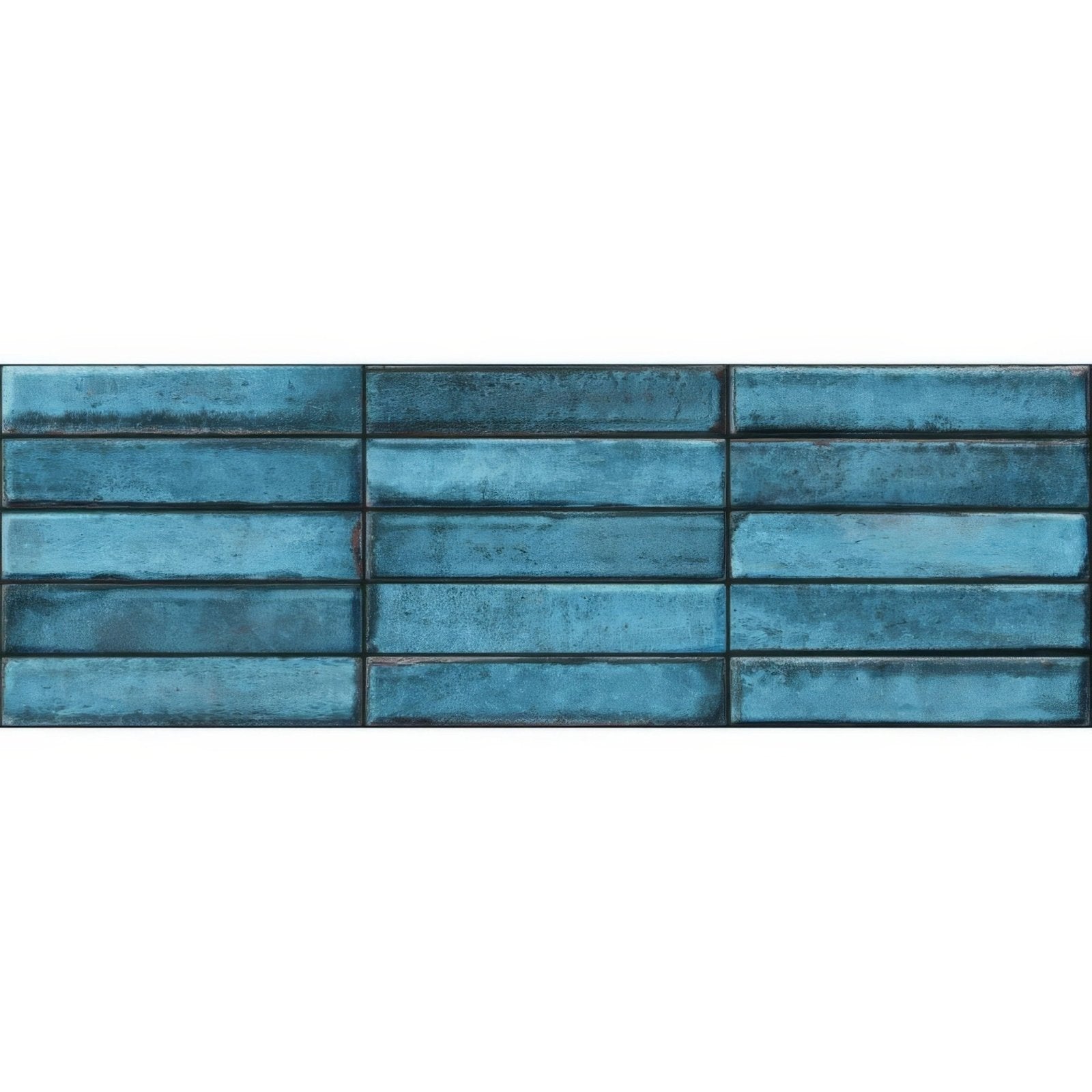 Montblanc blue stack 60 x 20cm blue rectangular ceramic tiles with rustic textured finish arranged in staggered rows