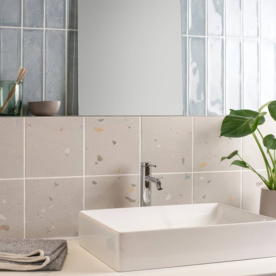White rectangular ceramic vessel sink montblanc denim 30x7.5cm with sleek chrome faucet for bathroom use