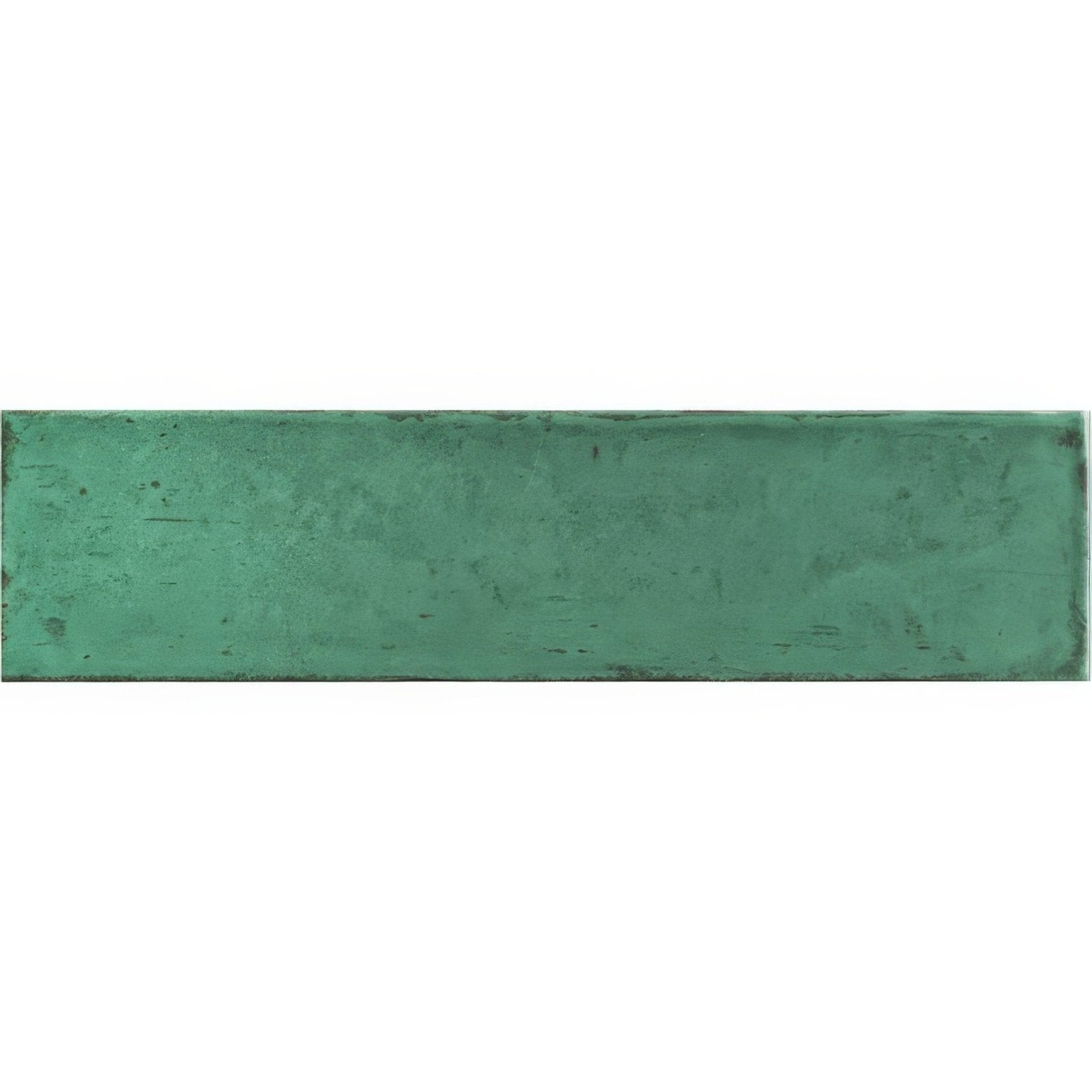 A rectangular green ceramic tile with a textured slightly weathered surface montblanc emerald 30x7.5cm