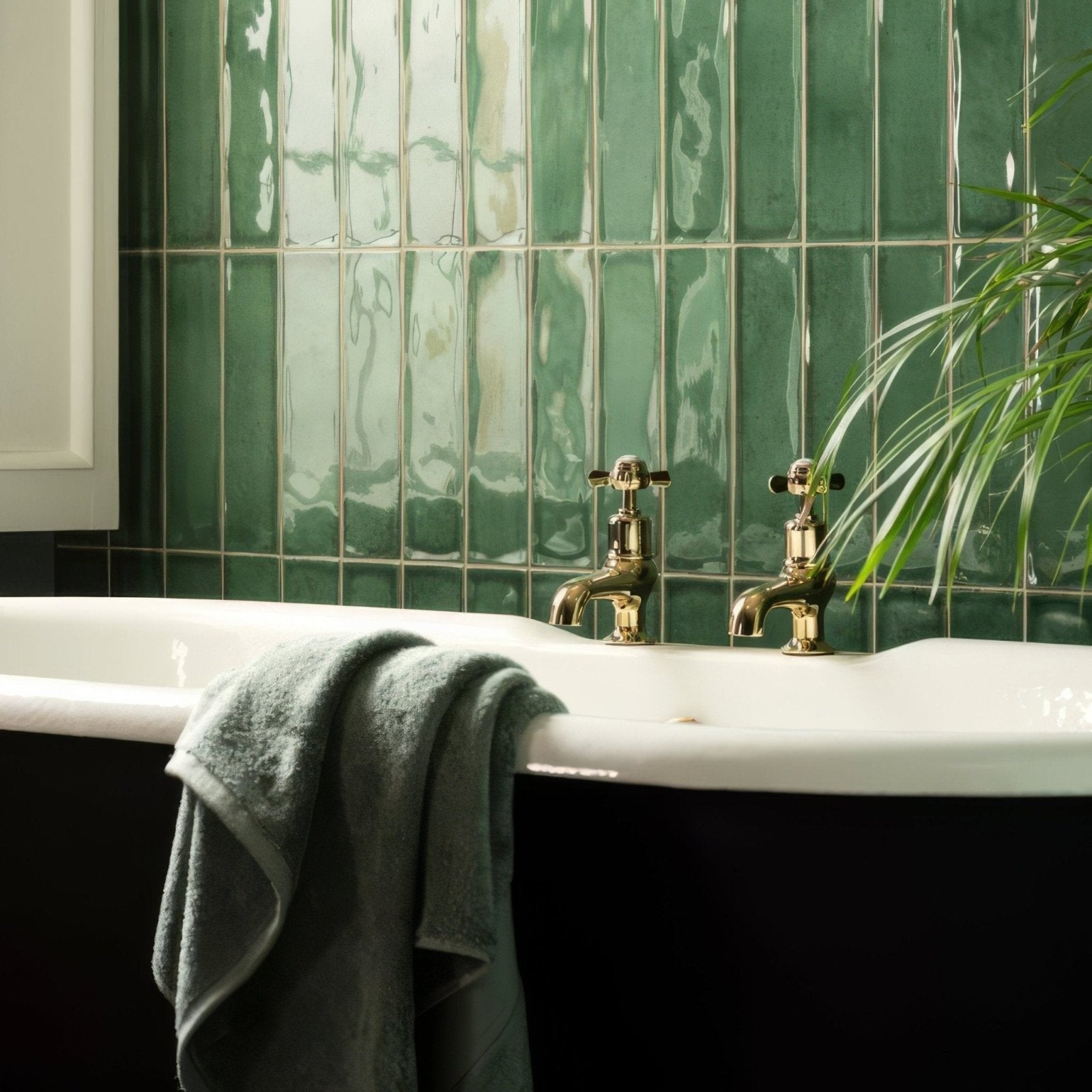 Vintage-style brass faucet set with cross handles mounted on white clawfoot bathtub against glossy montblanc emerald tiles
