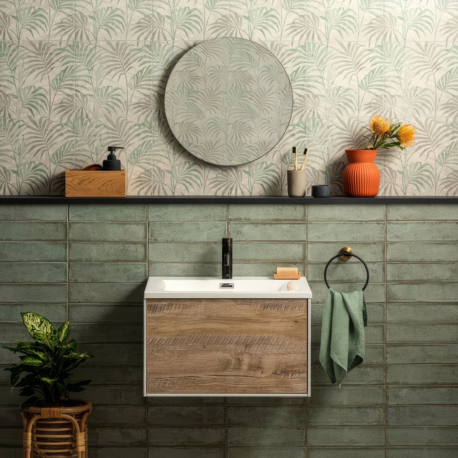 Modern wooden Montblanc Sage vanity with white countertop and black faucet in 30x7.5cm size