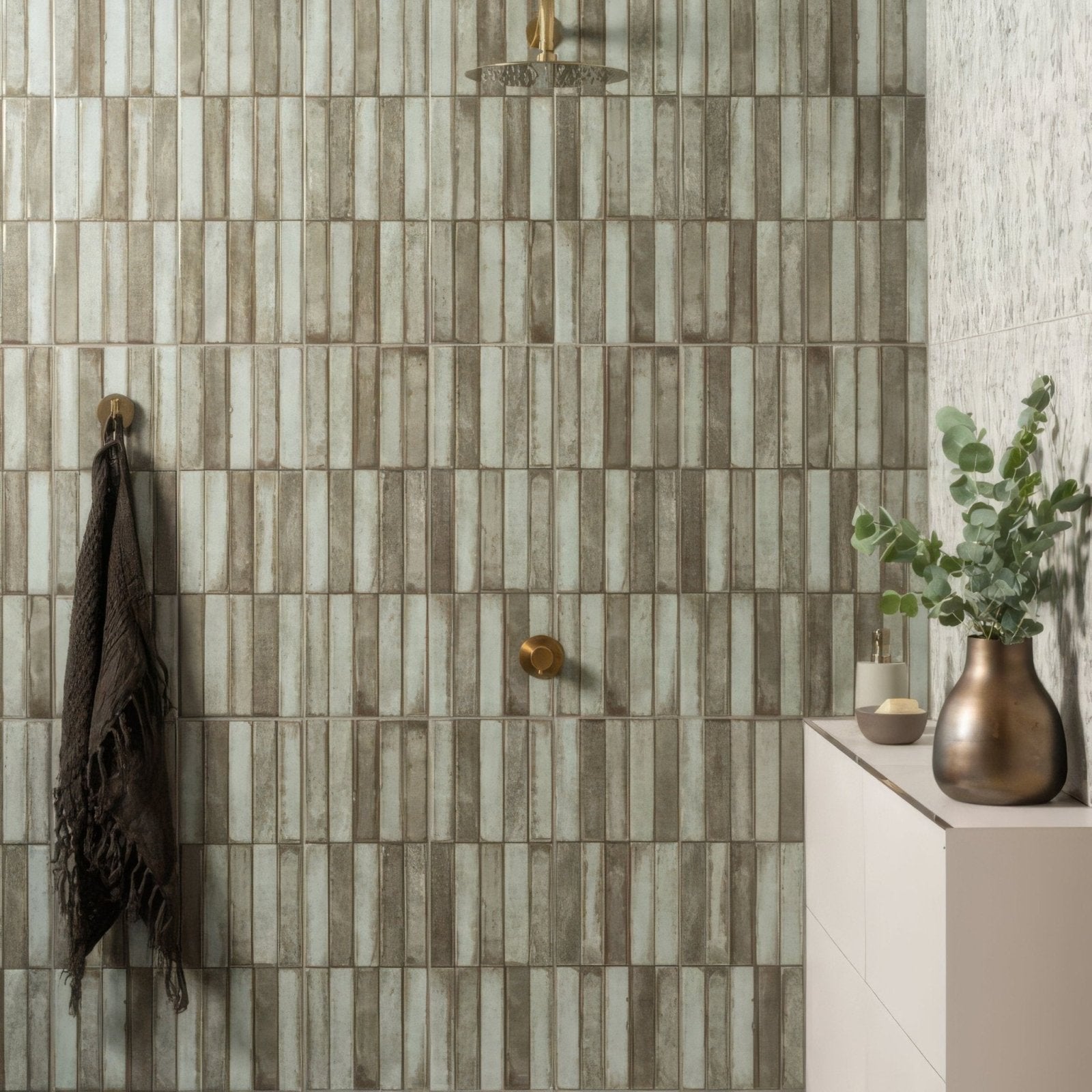 Montblanc sage stack wall tiles 60 x 20cm in weathered gray and beige with a subtle textured finish