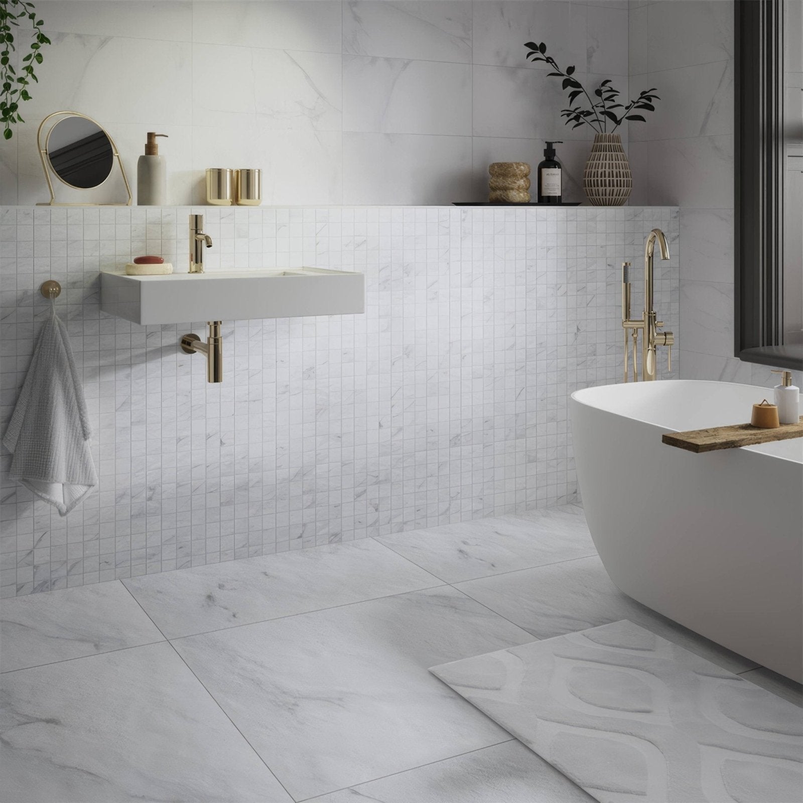 Montclair matt porcelain mosaic bathroom tiles in white marble effect with subtle gray veining for wall use